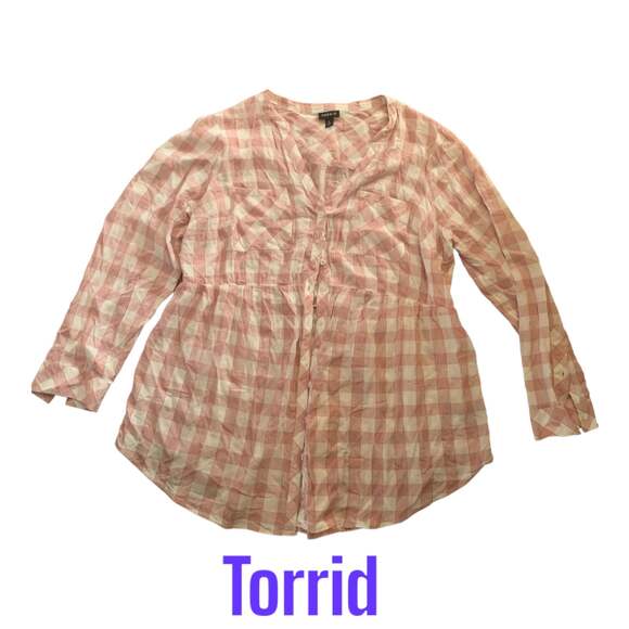 Torrid baby doll pink gingham button up long sleeve size 0 10 medium - Picture 1 of 7